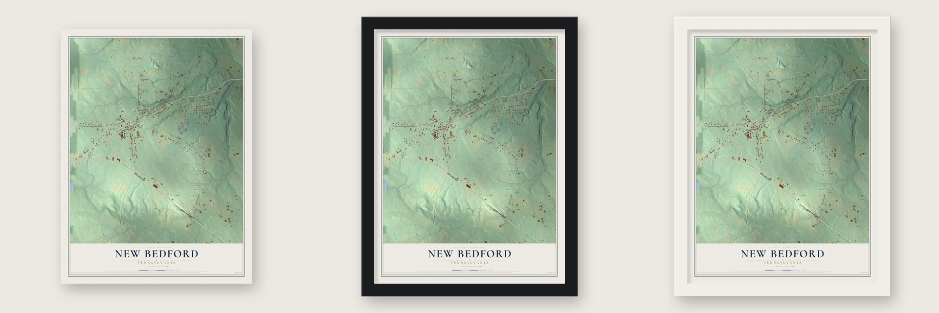 New Bedford, Pennsylvania map unframed, in a black wood frame and in a white wood frame