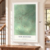 New Bedford, Pennsylvania map, 24 x 36 inch print in a white frame by a staircase