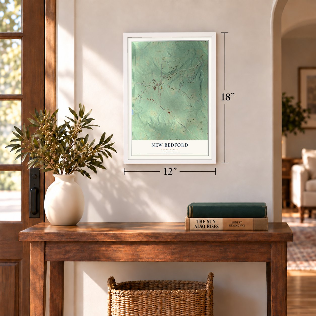 New Bedford, Pennsylvania map, 12 x 18 inch print in a white frame in an entryway