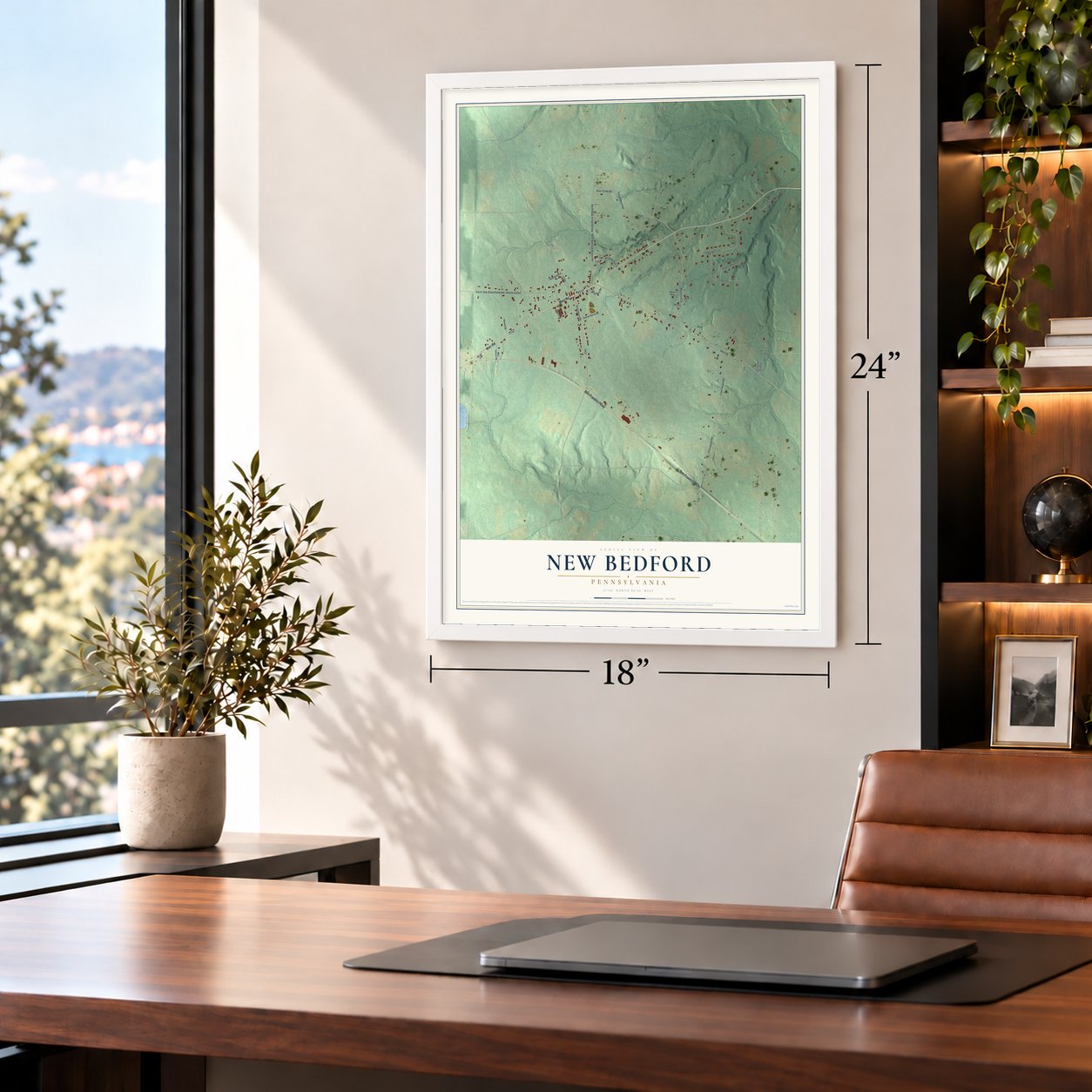 New Bedford, Pennsylvania map, 18 x 24 inch print in a white frame in a home office
