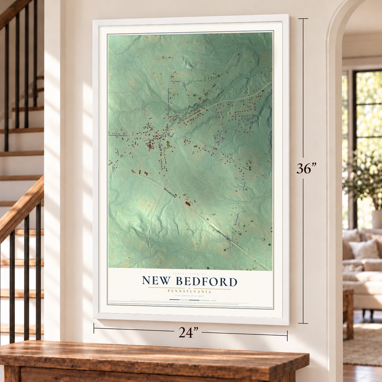 New Bedford, Pennsylvania map, 24 x 36 inch print in a white frame by a staircase