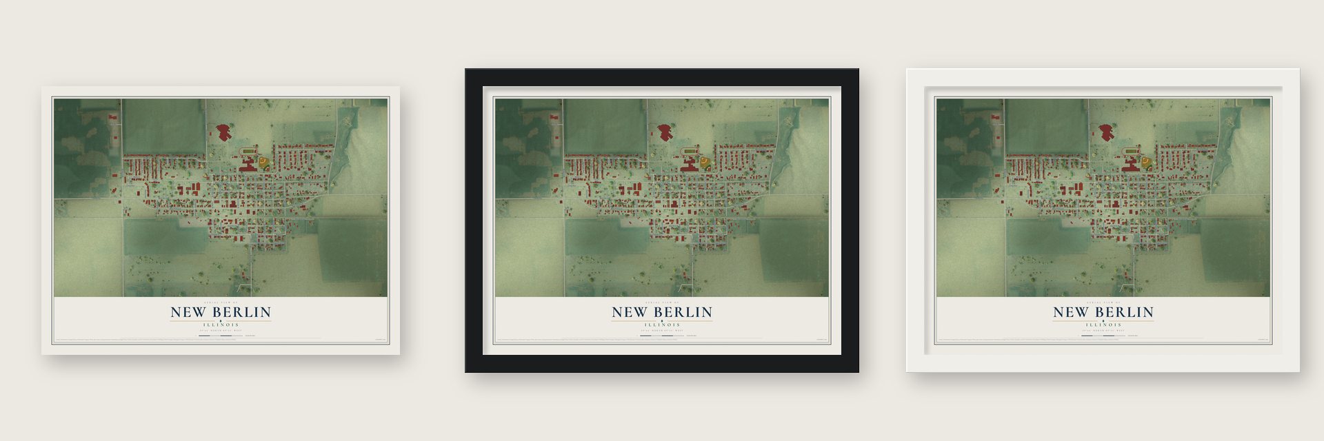 New Berlin, Illinois map unframed, in a black wood frame and in a white wood frame