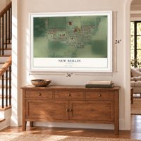 New Berlin, Illinois map, 24 x 36 inch print in a white frame above a dresser by a staircase