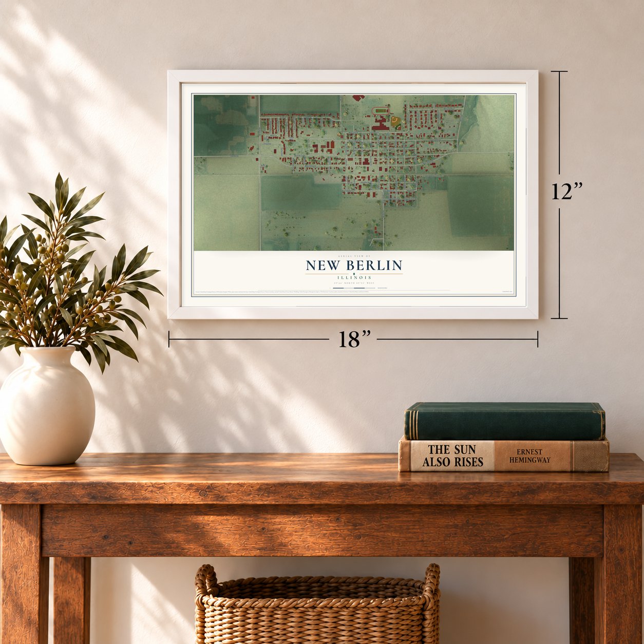 New Berlin, Illinois map, 12 x 18 inch print in a white frame in an entryway