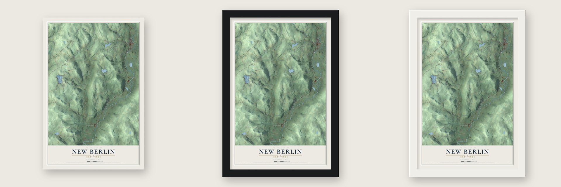 New Berlin, New York map unframed, in a black wood frame and in a white wood frame