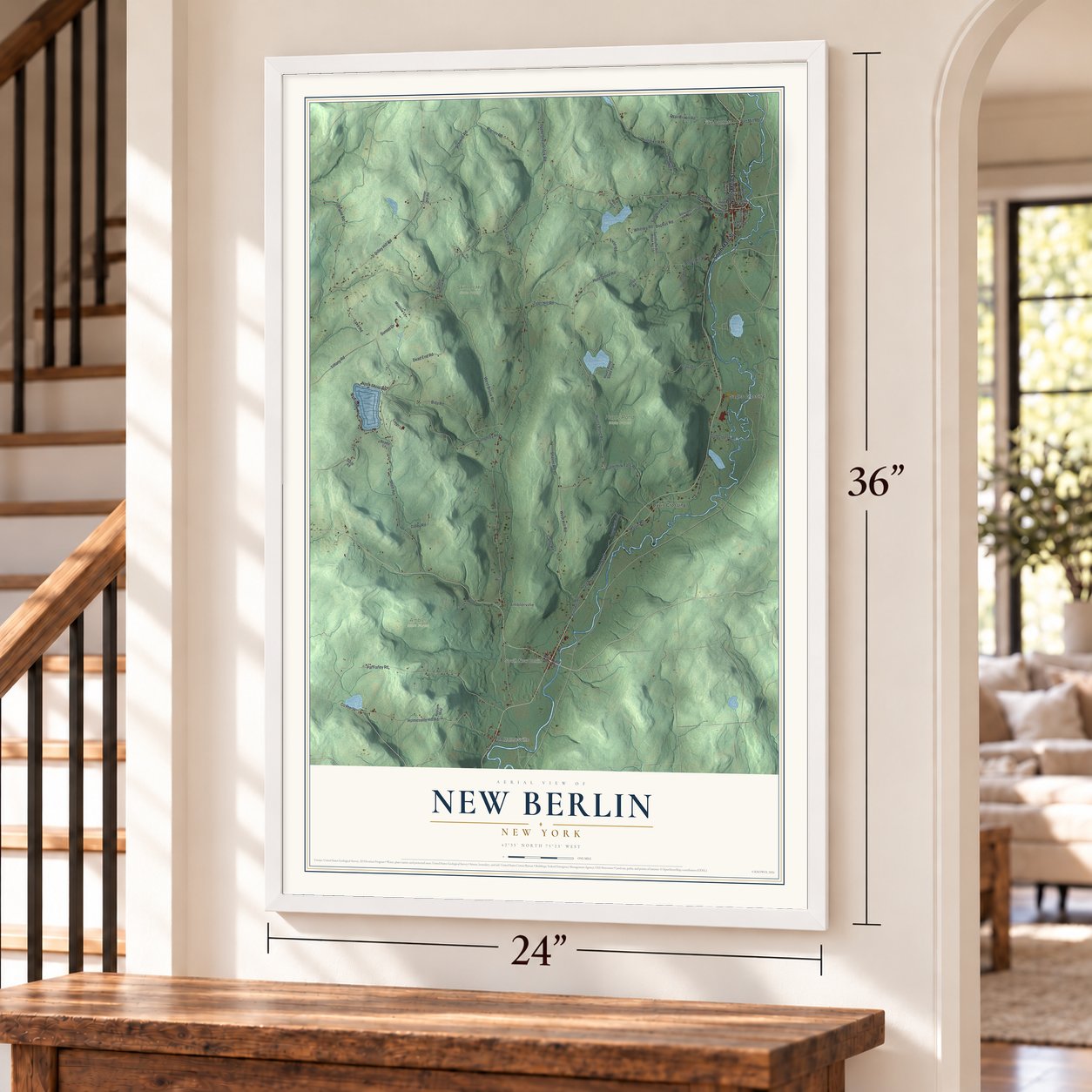 New Berlin, New York map, 24 x 36 inch print in a white frame by a staircase