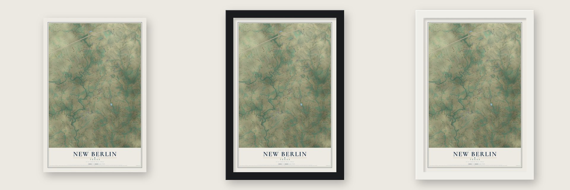 New Berlin, Texas map unframed, in a black wood frame and in a white wood frame