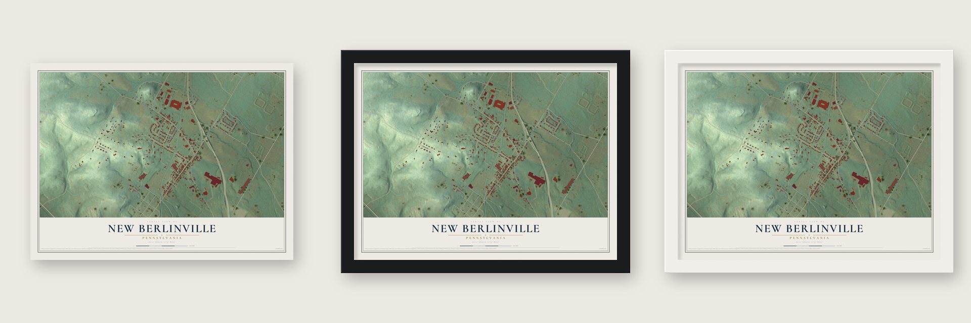 New Berlinville, Pennsylvania map unframed, in a black wood frame and in a white wood frame