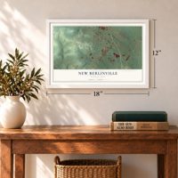 New Berlinville, Pennsylvania map, 12 x 18 inch print in a white frame in an entryway