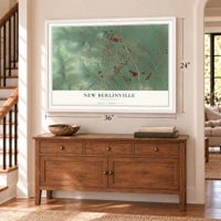 New Berlinville, Pennsylvania map, 24 x 36 inch print in a white frame above a dresser by a staircase