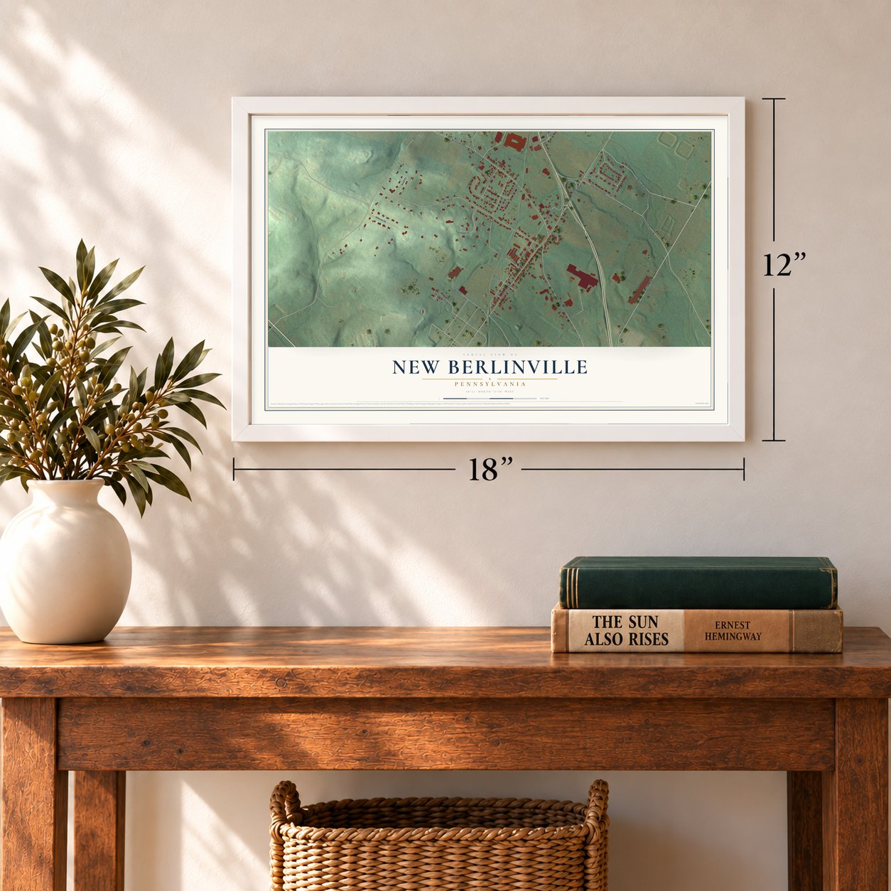 New Berlinville, Pennsylvania map, 12 x 18 inch print in a white frame in an entryway