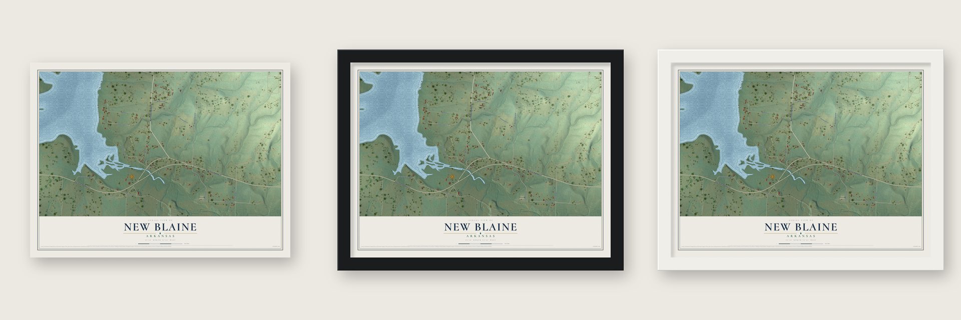 New Blaine, Arkansas map unframed, in a black wood frame and in a white wood frame