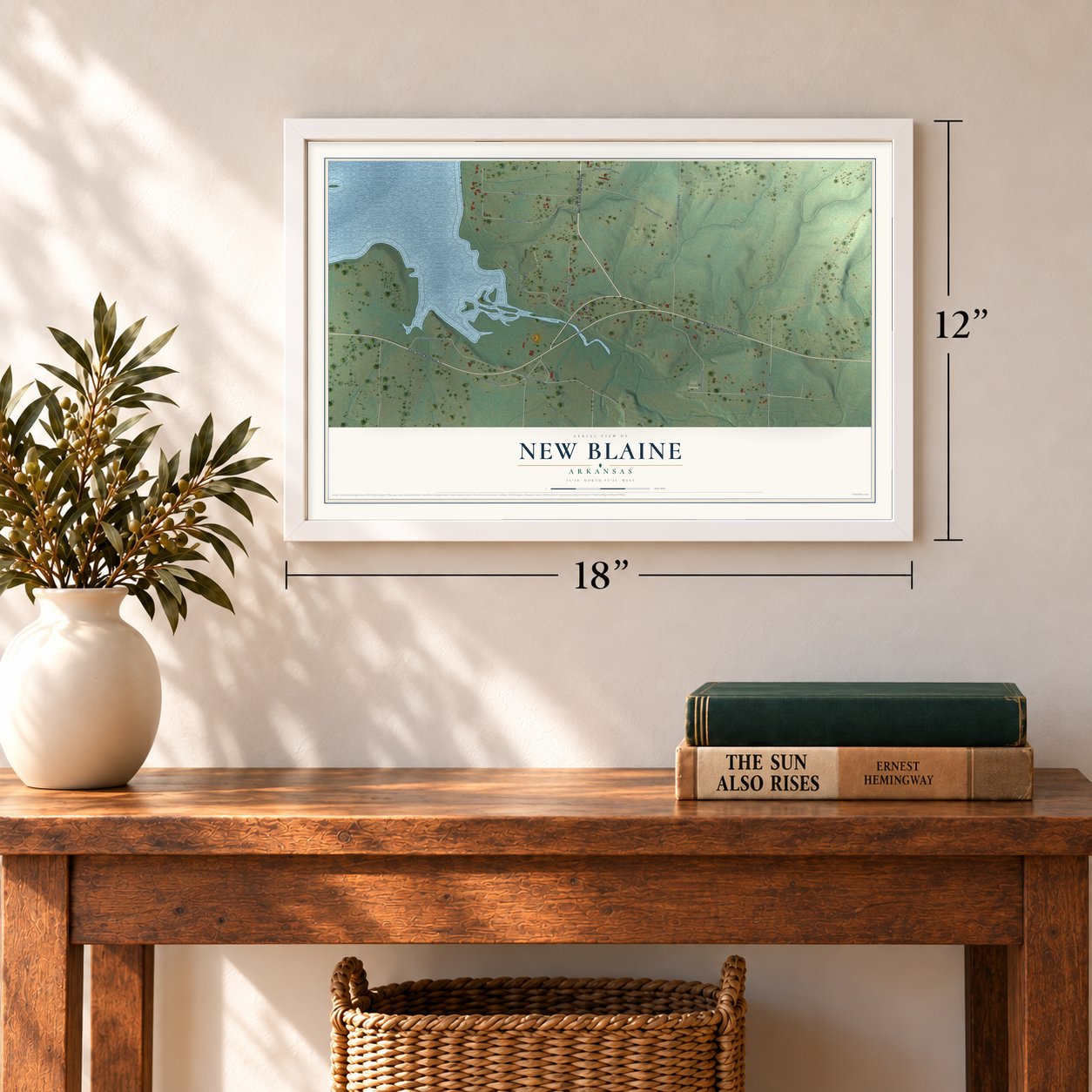 New Blaine, Arkansas map, 12 x 18 inch print in a white frame in an entryway