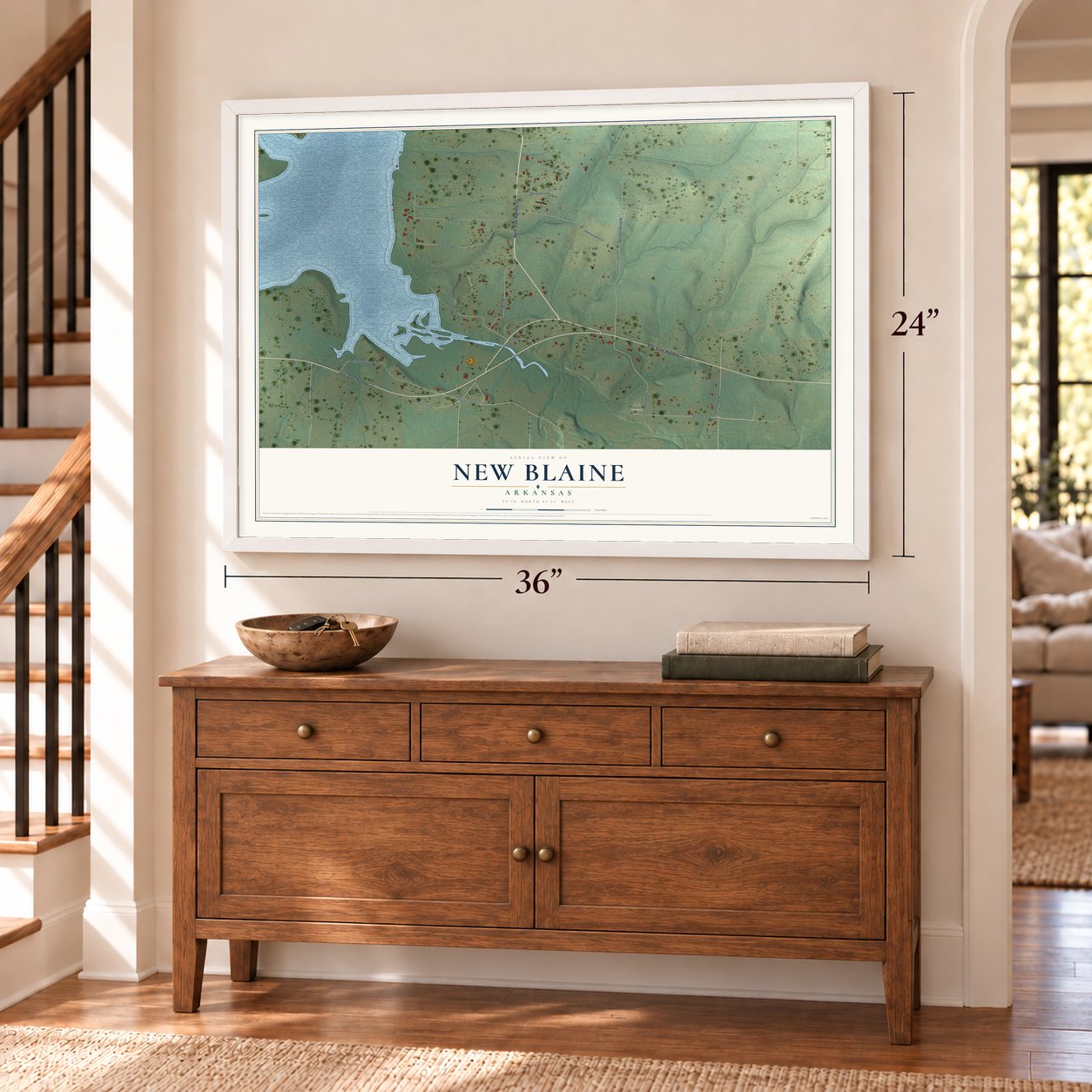 New Blaine, Arkansas map, 24 x 36 inch print in a white frame above a dresser by a staircase