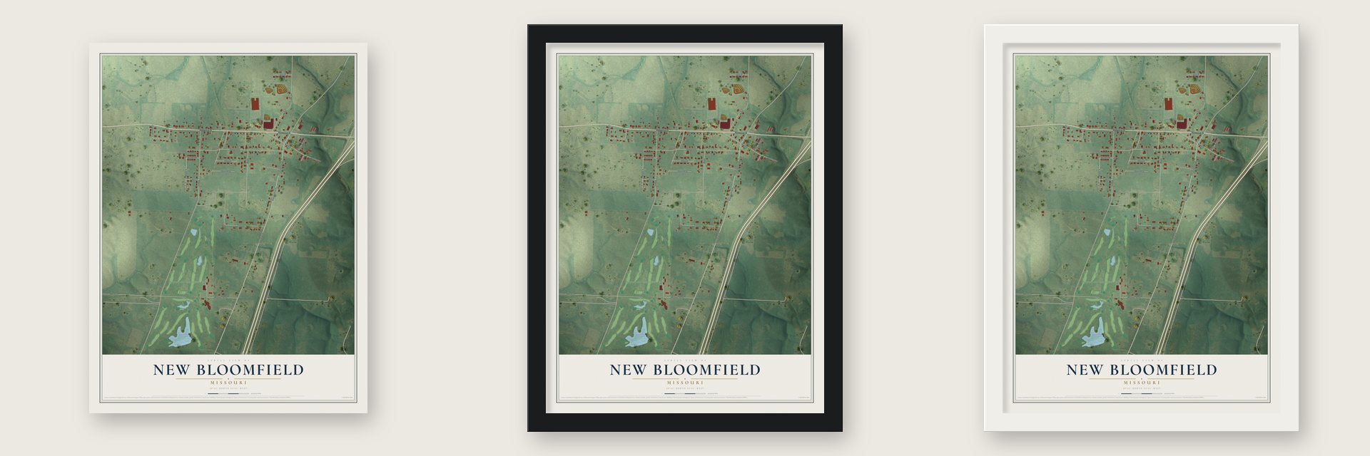New Bloomfield, Missouri map unframed, in a black wood frame and in a white wood frame
