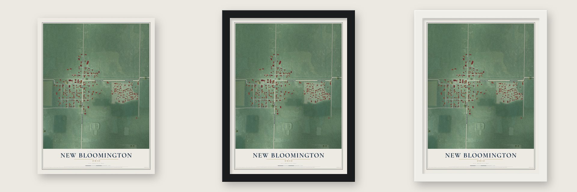 New Bloomington, Ohio map unframed, in a black wood frame and in a white wood frame