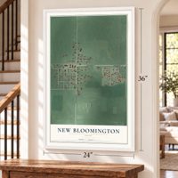 New Bloomington, Ohio map, 24 x 36 inch print in a white frame by a staircase