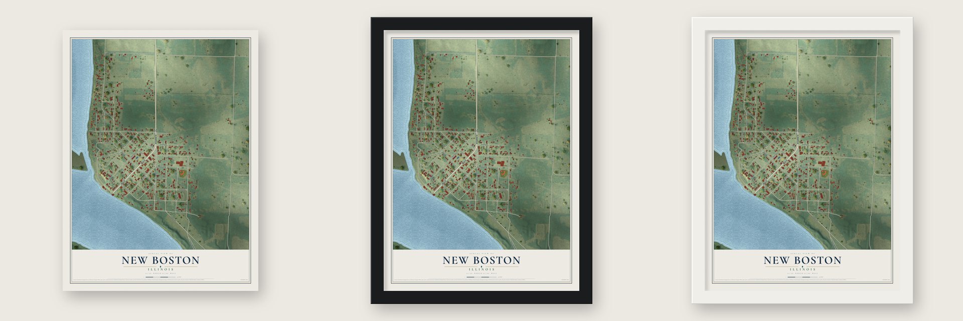 New Boston, Illinois map unframed, in a black wood frame and in a white wood frame