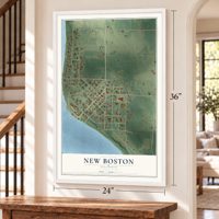 New Boston, Illinois map, 24 x 36 inch print in a white frame by a staircase