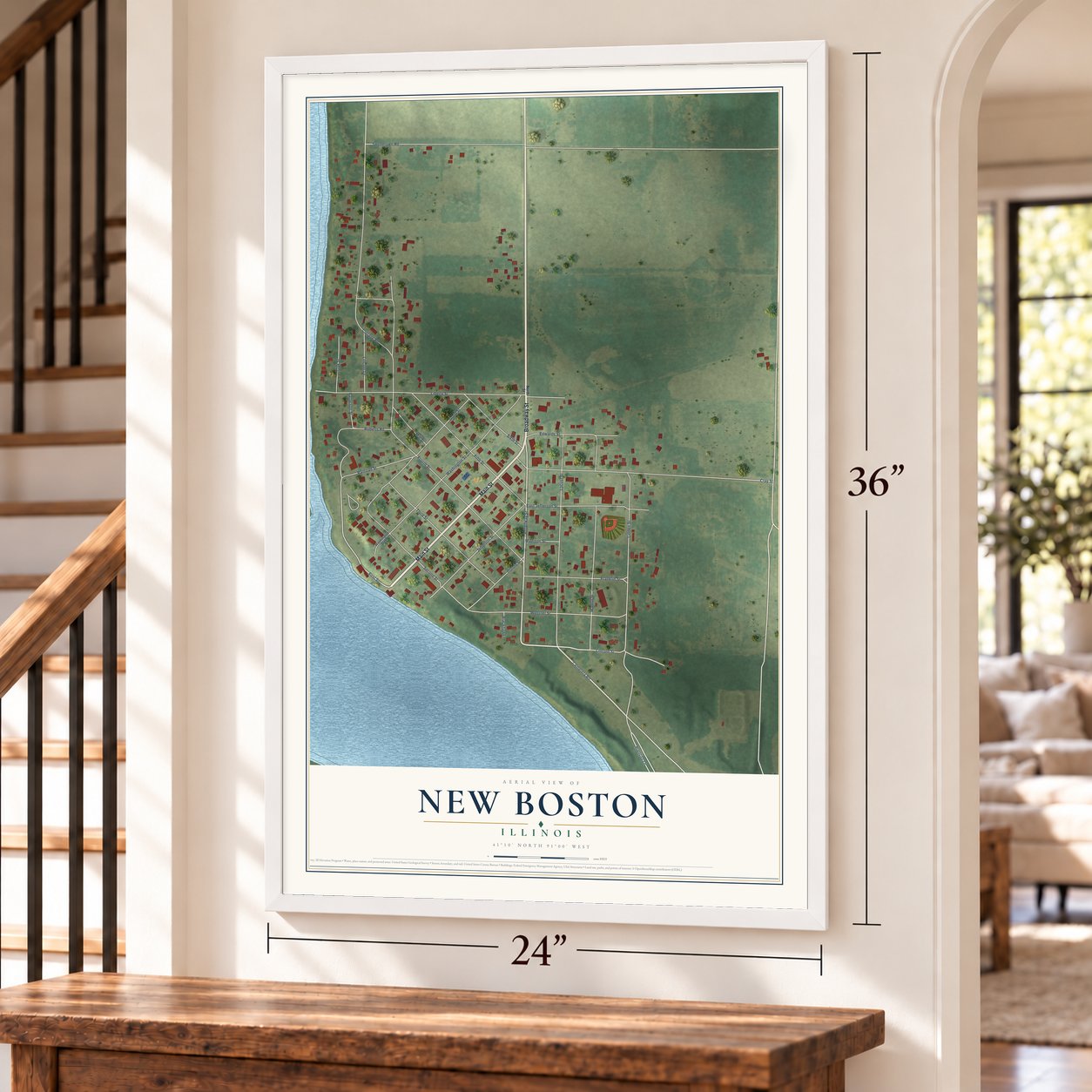 New Boston, Illinois map, 24 x 36 inch print in a white frame by a staircase