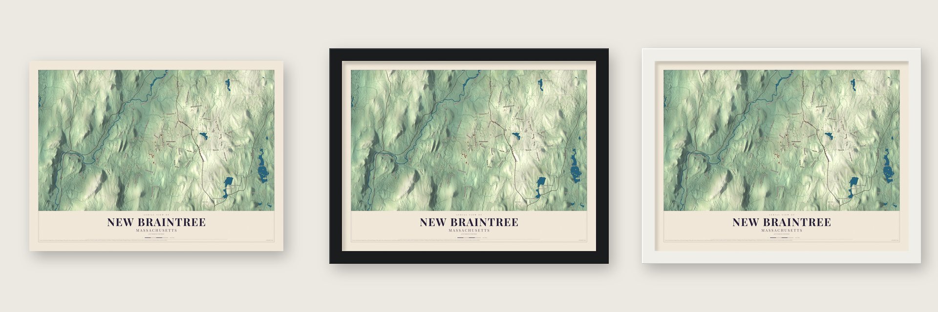 New Braintree, Massachusetts map unframed, in a black wood frame and in a white wood frame