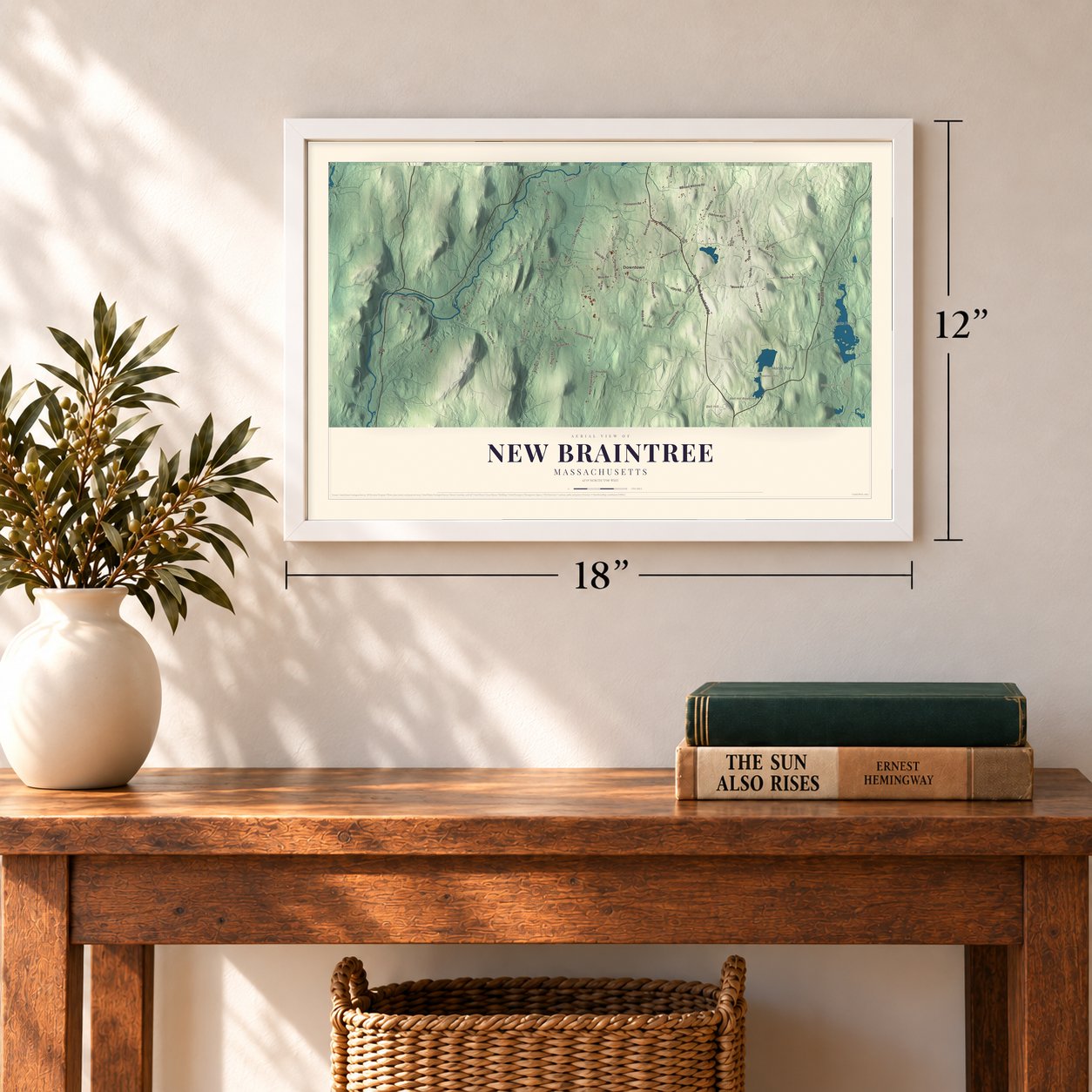 New Braintree, Massachusetts map, 12 x 18 inch print in a white frame in an entryway