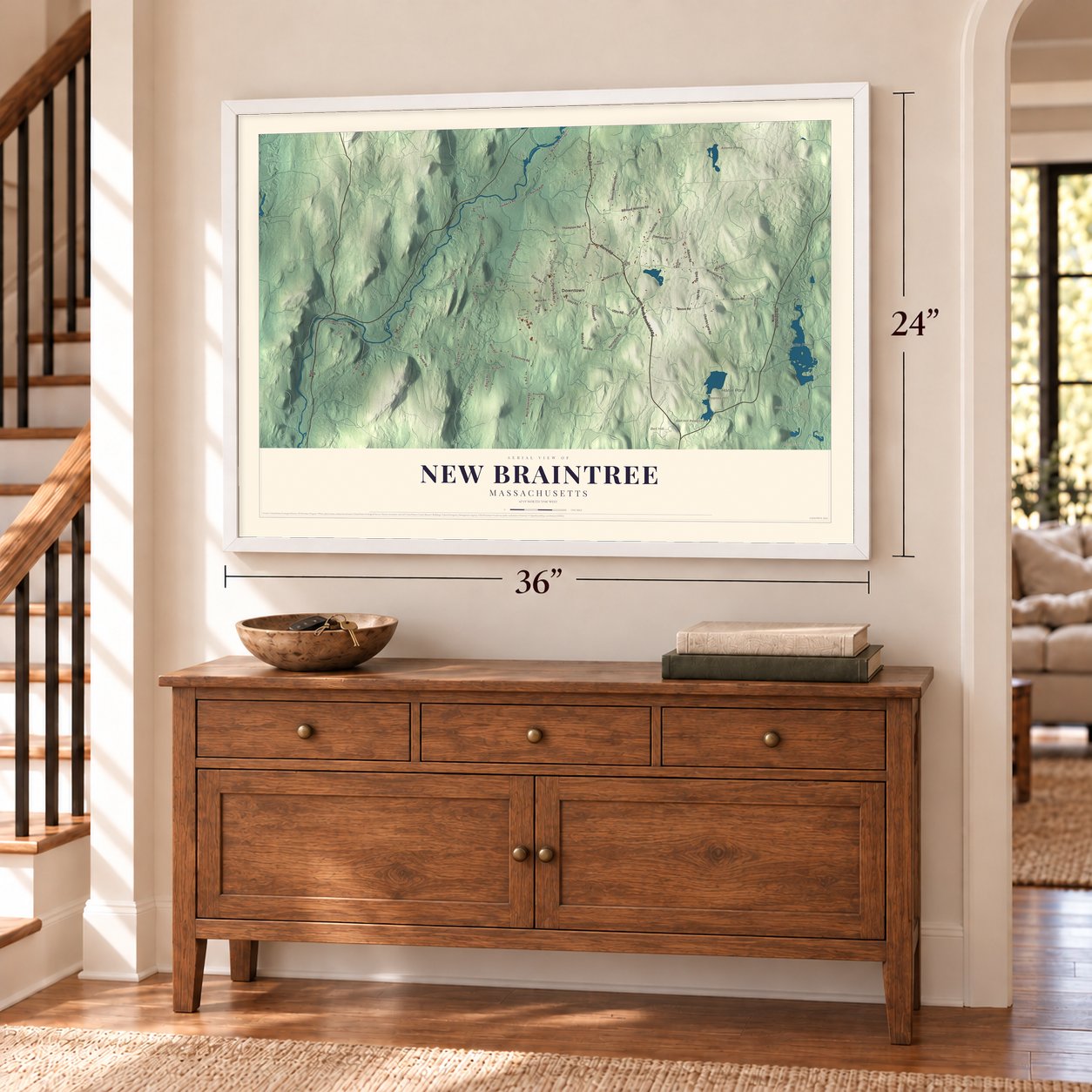 New Braintree, Massachusetts map, 24 x 36 inch print in a white frame above a dresser by a staircase