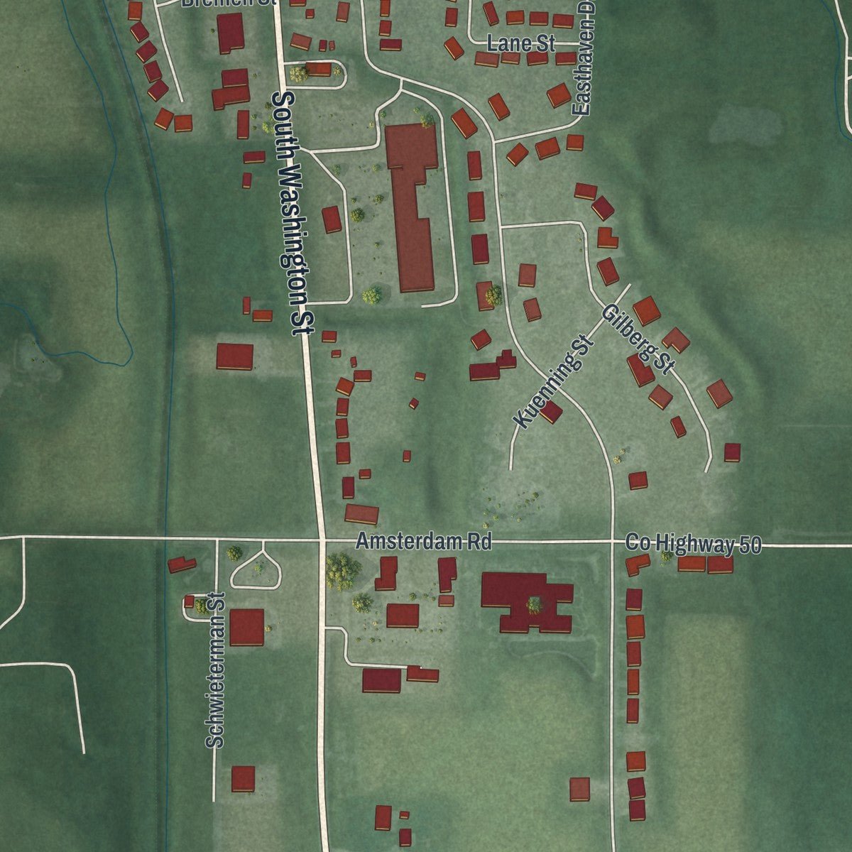 Second close-up of the map of New Bremen, Ohio print showing more streets and buildings