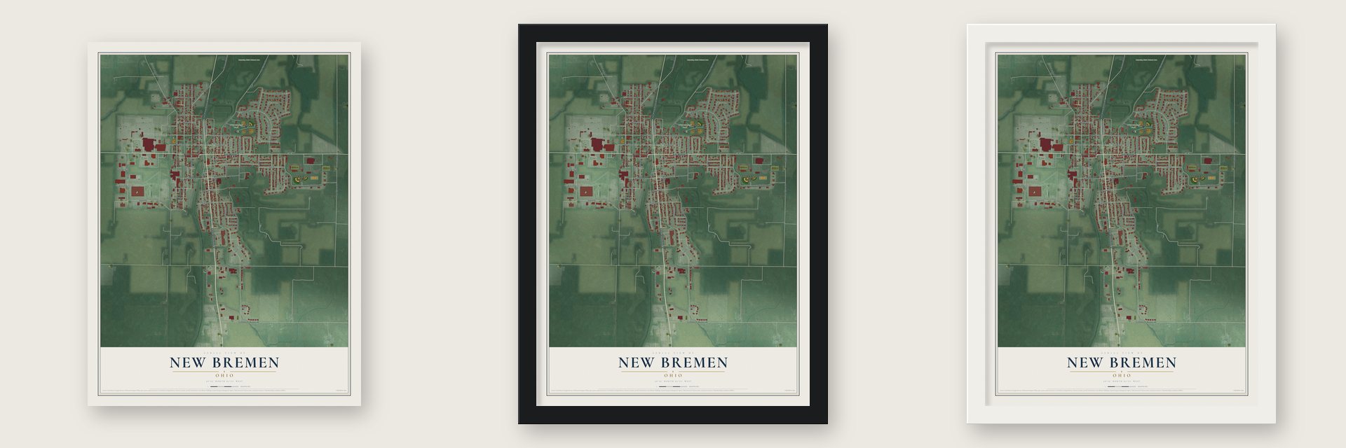 New Bremen, Ohio map unframed, in a black wood frame and in a white wood frame