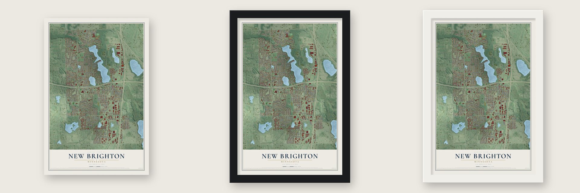New Brighton, Minnesota map unframed, in a black wood frame and in a white wood frame