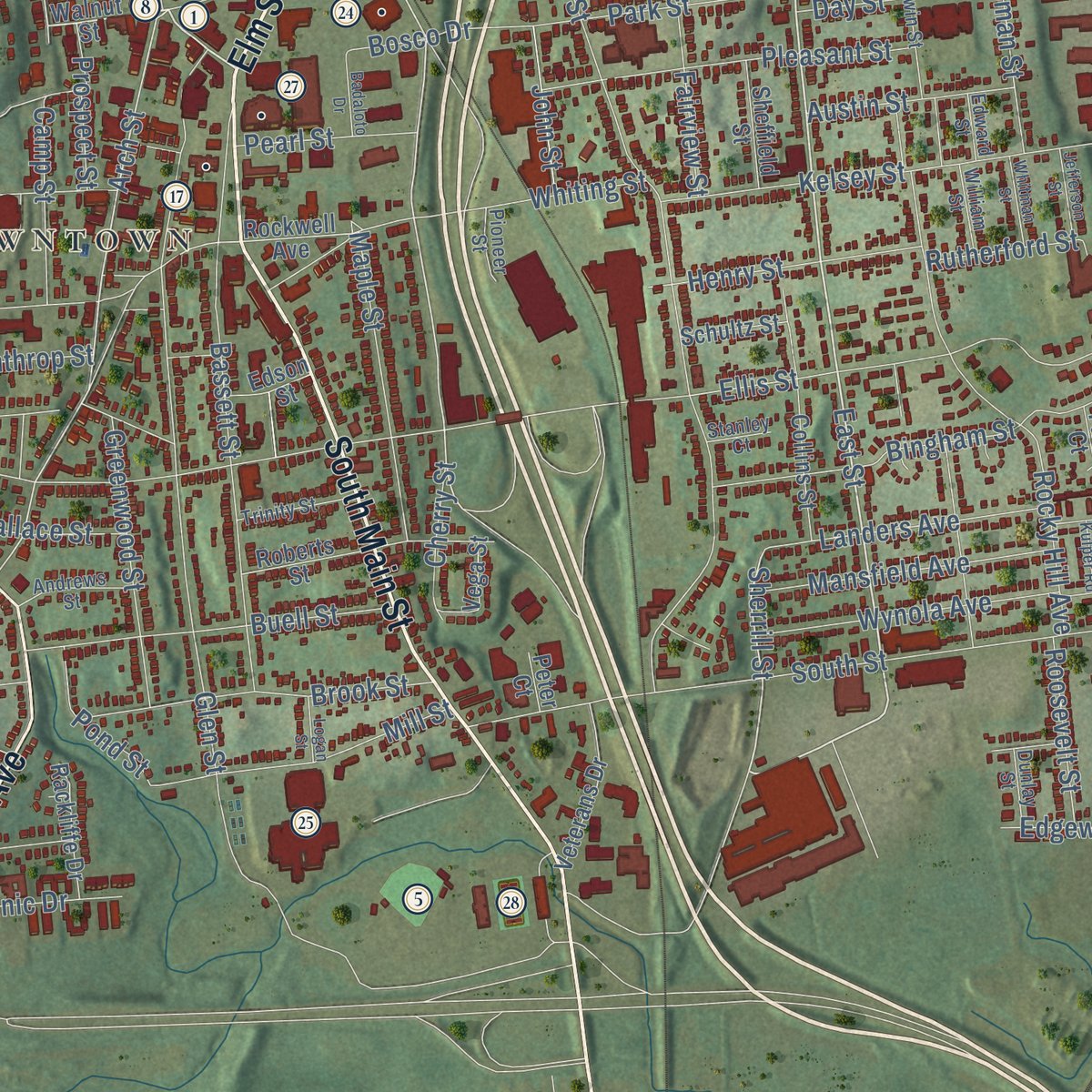 Second close-up of the map of New Britain, Connecticut print showing more streets and buildings