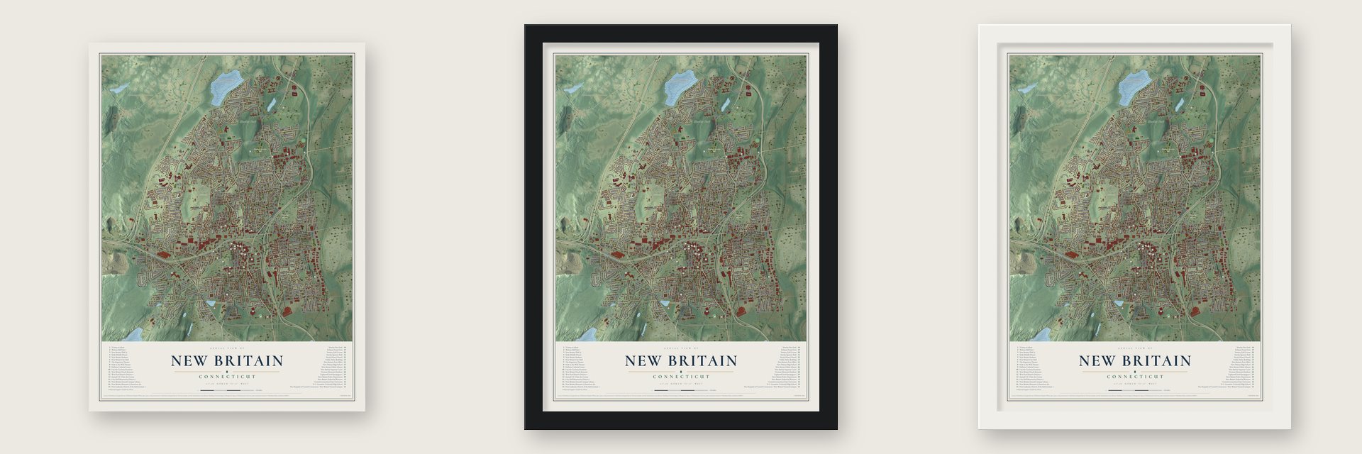 New Britain, Connecticut map unframed, in a black wood frame and in a white wood frame