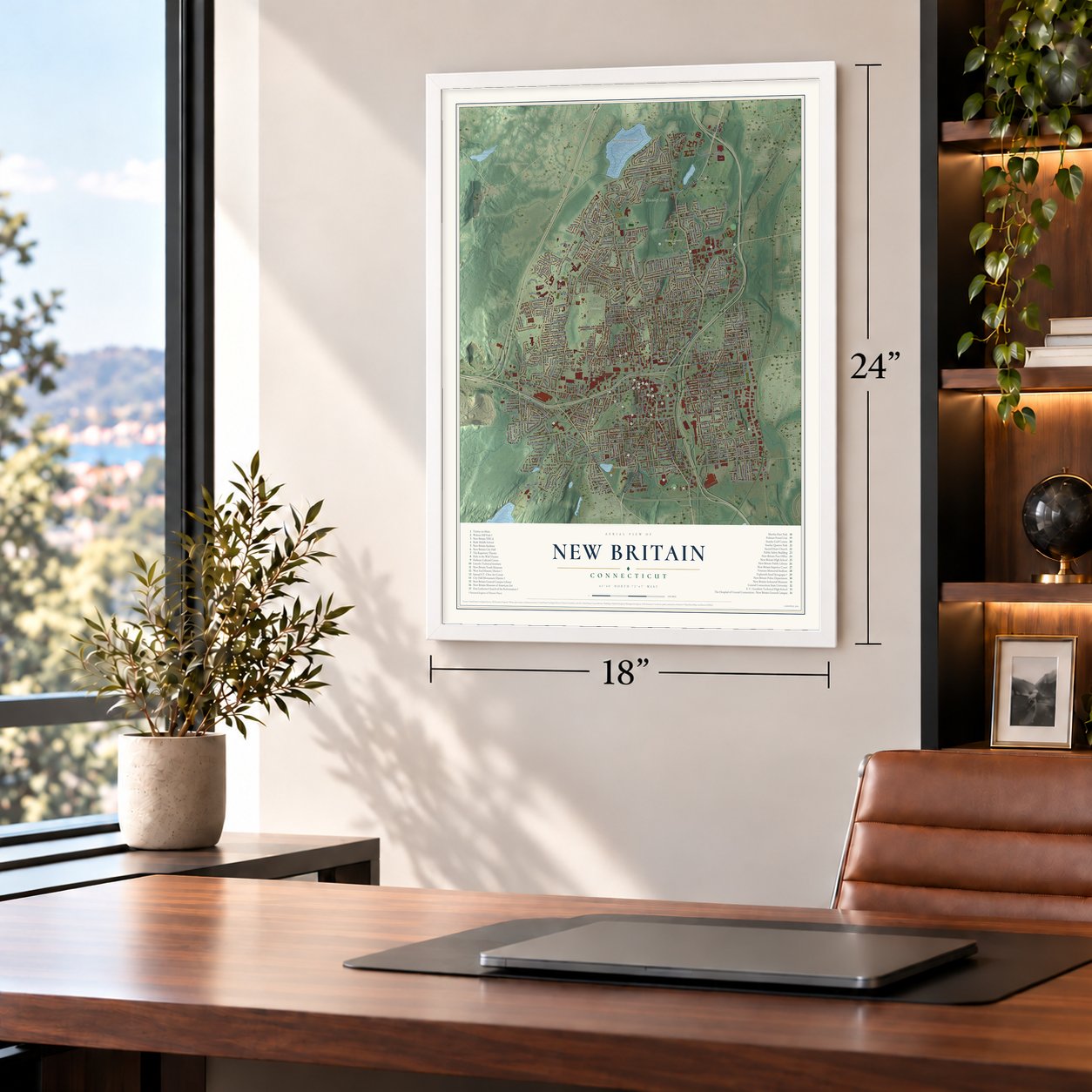 New Britain, Connecticut map, 18 x 24 inch print in a white frame in a home office