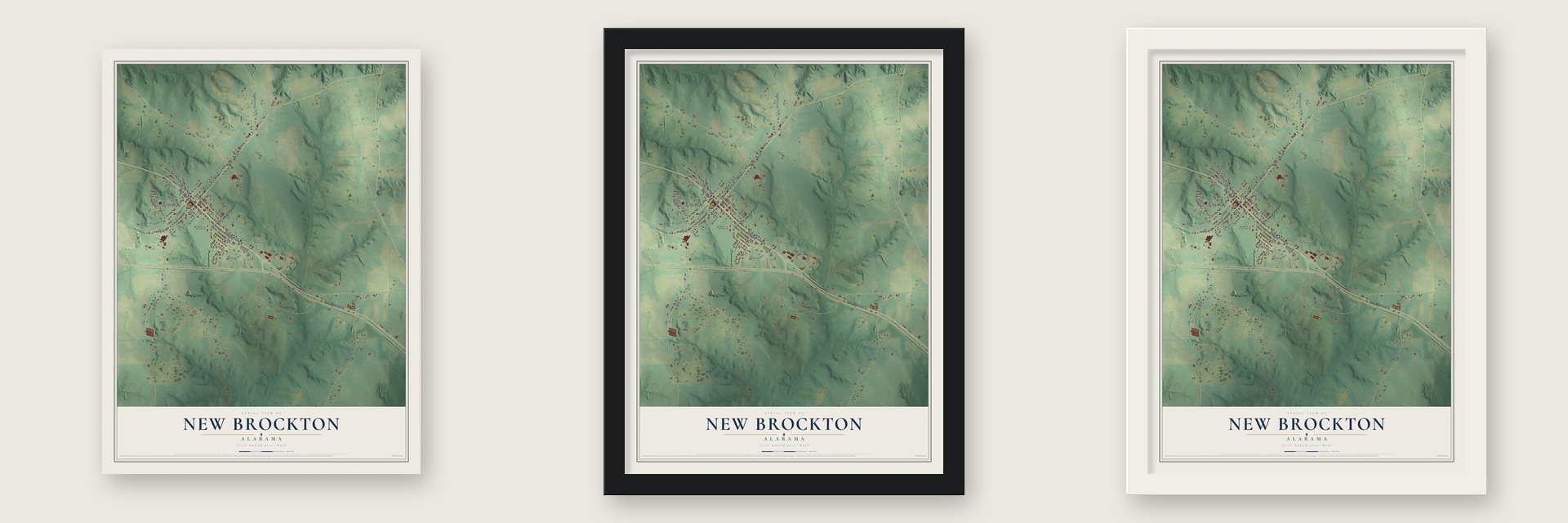 New Brockton, Alabama map unframed, in a black wood frame and in a white wood frame
