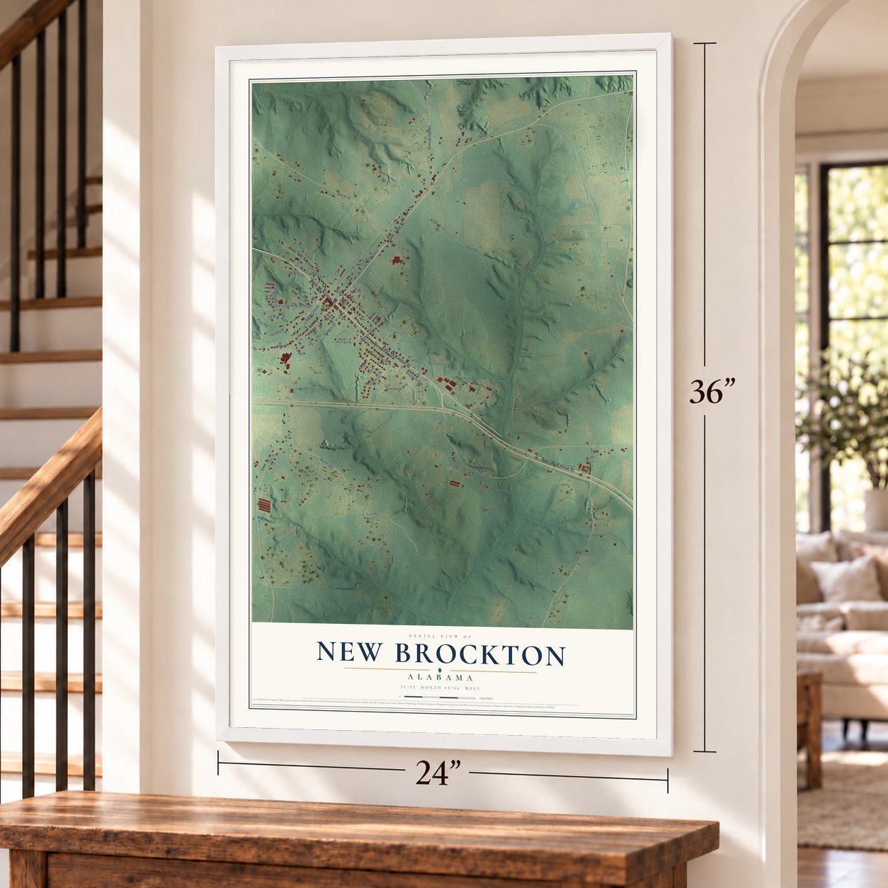 New Brockton, Alabama map, 24 x 36 inch print in a white frame by a staircase