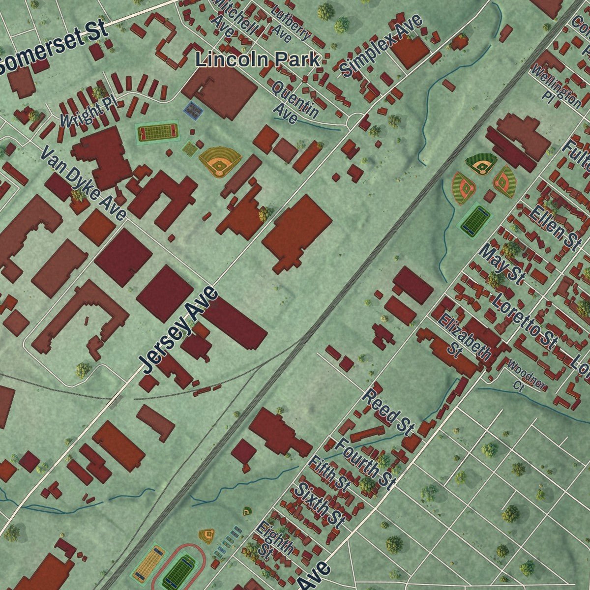 Second close-up of the map of New Brunswick, New Jersey print showing more streets and buildings