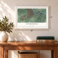 New Brunswick, New Jersey map, 12 x 18 inch print in a white frame in an entryway
