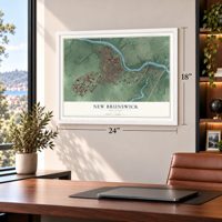 New Brunswick, New Jersey map, 18 x 24 inch print in a white frame in a home office