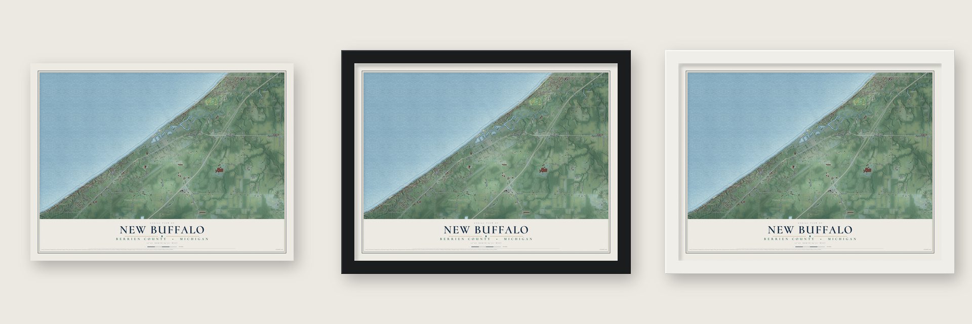 New Buffalo, Berrien County, Michigan map unframed, in a black wood frame and in a white wood frame