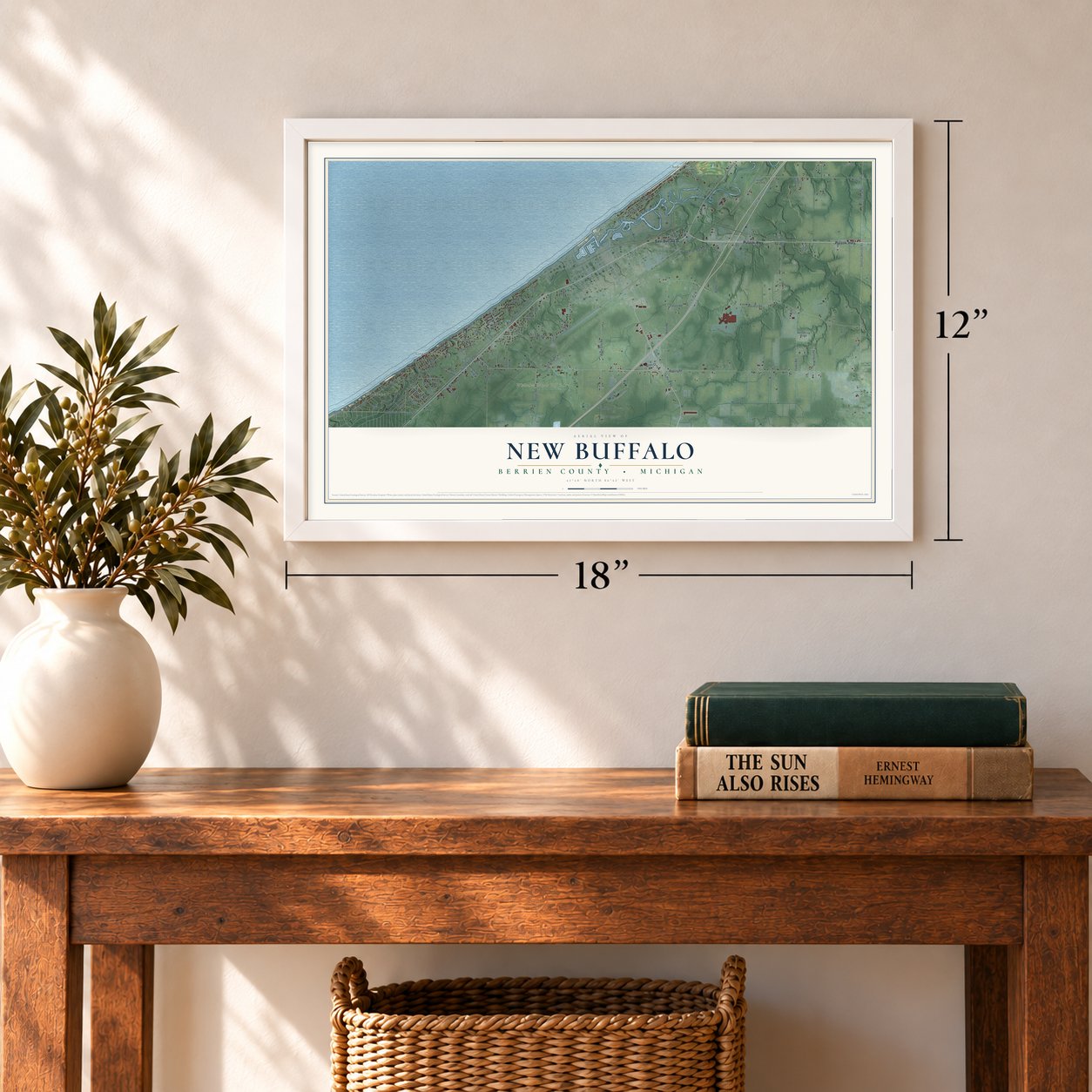 New Buffalo, Berrien County, Michigan map, 12 x 18 inch print in a white frame in an entryway