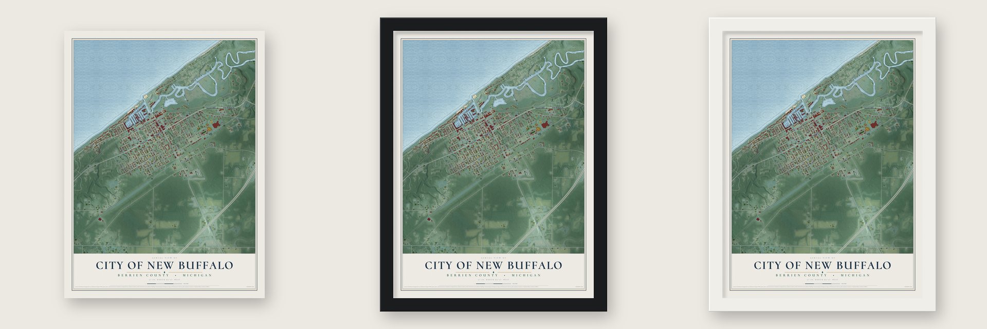 New Buffalo, Michigan map unframed, in a black wood frame and in a white wood frame