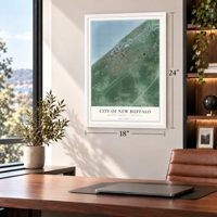 New Buffalo, Michigan map, 18 x 24 inch print in a white frame in a home office