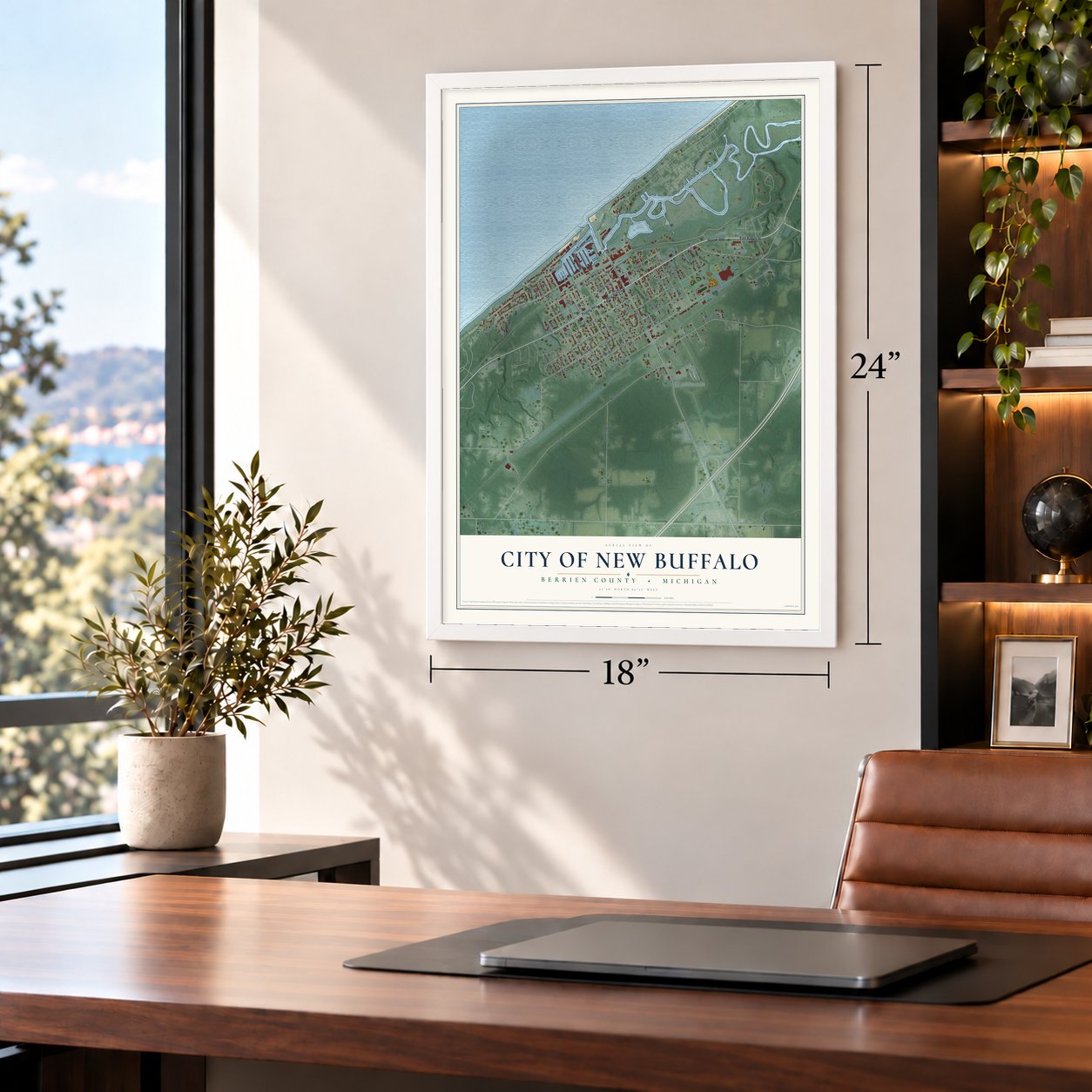 New Buffalo, Michigan map, 18 x 24 inch print in a white frame in a home office