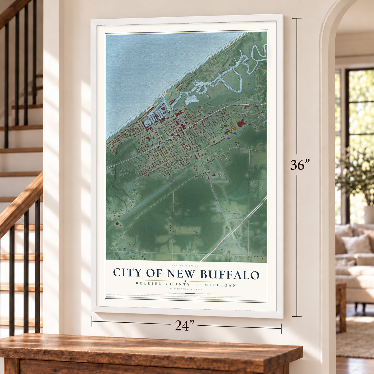 New Buffalo, Michigan map, 24 x 36 inch print in a white frame by a staircase