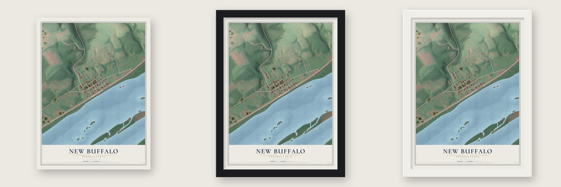 New Buffalo, Pennsylvania map unframed, in a black wood frame and in a white wood frame