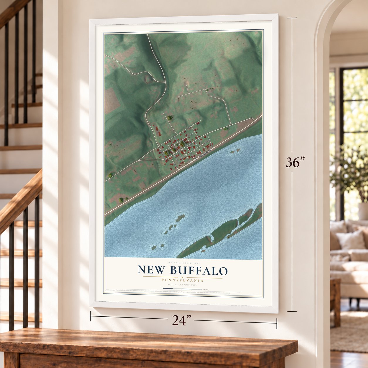 New Buffalo, Pennsylvania map, 24 x 36 inch print in a white frame by a staircase