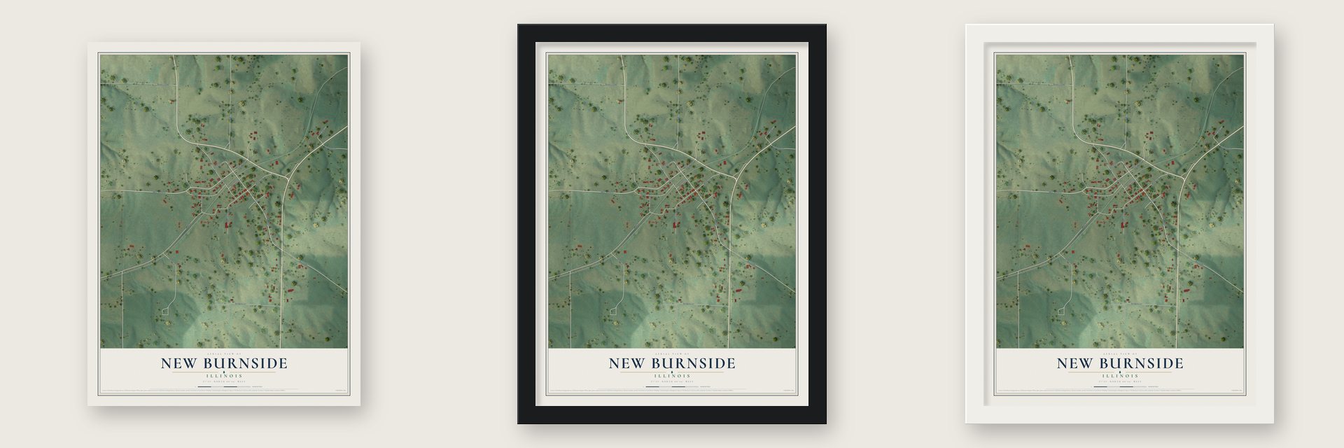 New Burnside, Illinois map unframed, in a black wood frame and in a white wood frame