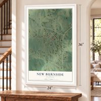 New Burnside, Illinois map, 24 x 36 inch print in a white frame by a staircase