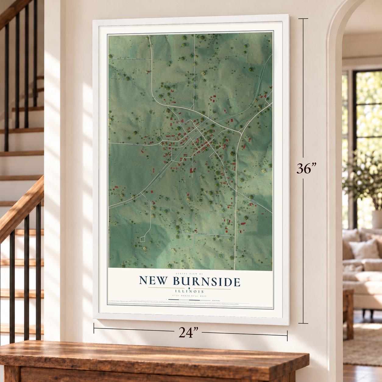 New Burnside, Illinois map, 24 x 36 inch print in a white frame by a staircase