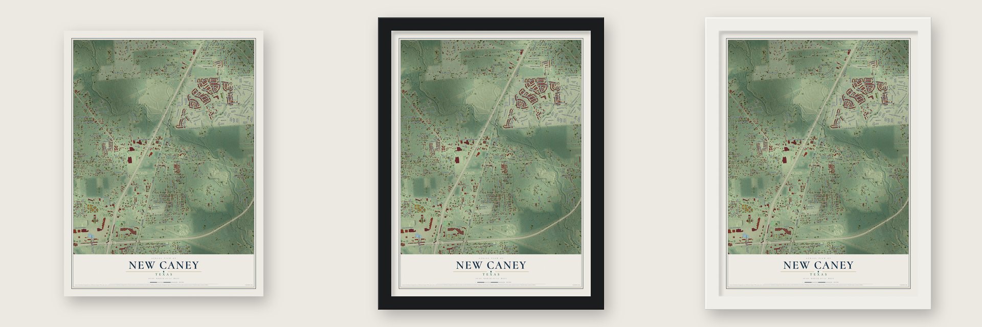 New Caney, Texas map unframed, in a black wood frame and in a white wood frame